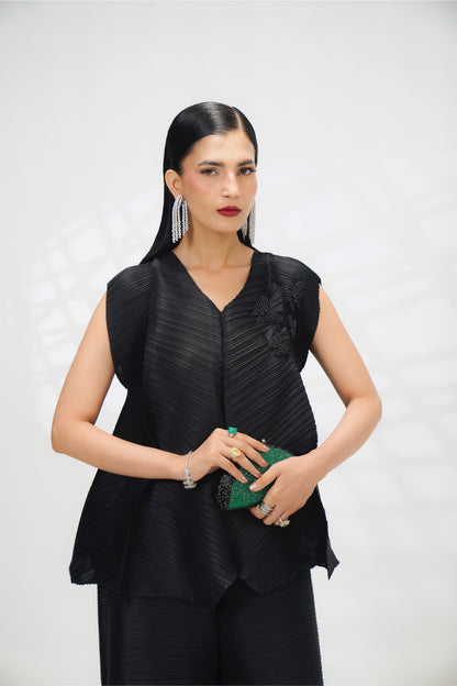 Noir Pleated Sleeveless Cord Set